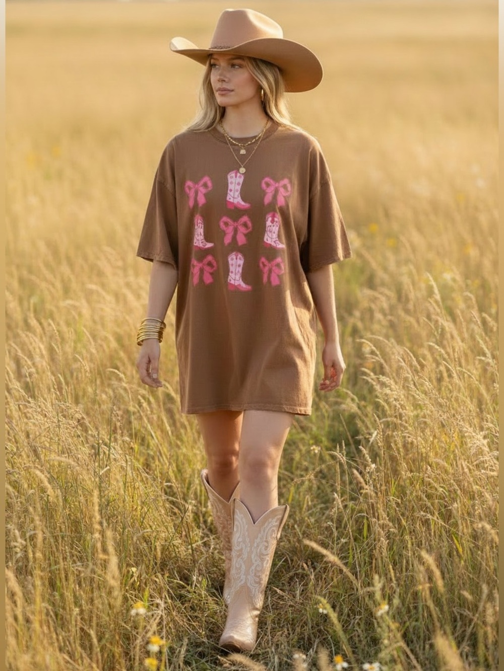 234 • Cinnamon Brown Shirt Dress | Pink Cowboy Boot Bow Motif